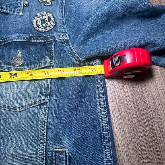 Paige “Ciao Baby!” Embellished Denim Jacket Women’s M Blue Pearl Rhinestone Jean - Picture 12 of 13